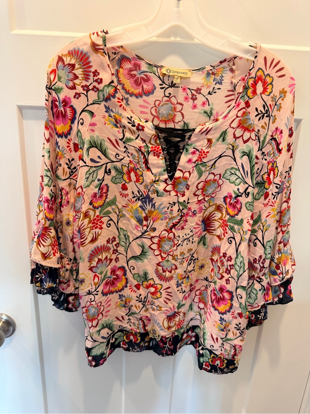 Democracy Pink Floral Lace-Up Boho Top